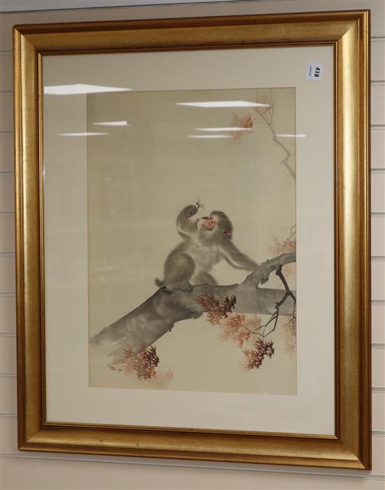 Japanese School, watercolour silk, Monkey holding a dragonfly, 50 x 70cm